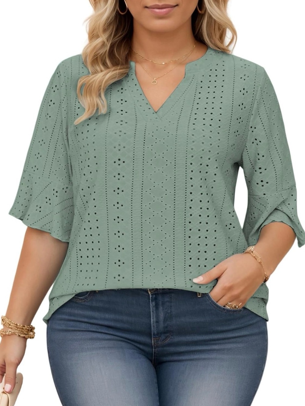 EUC Vislily Women’s Eyelet V-Neck Tunic Top in Sage